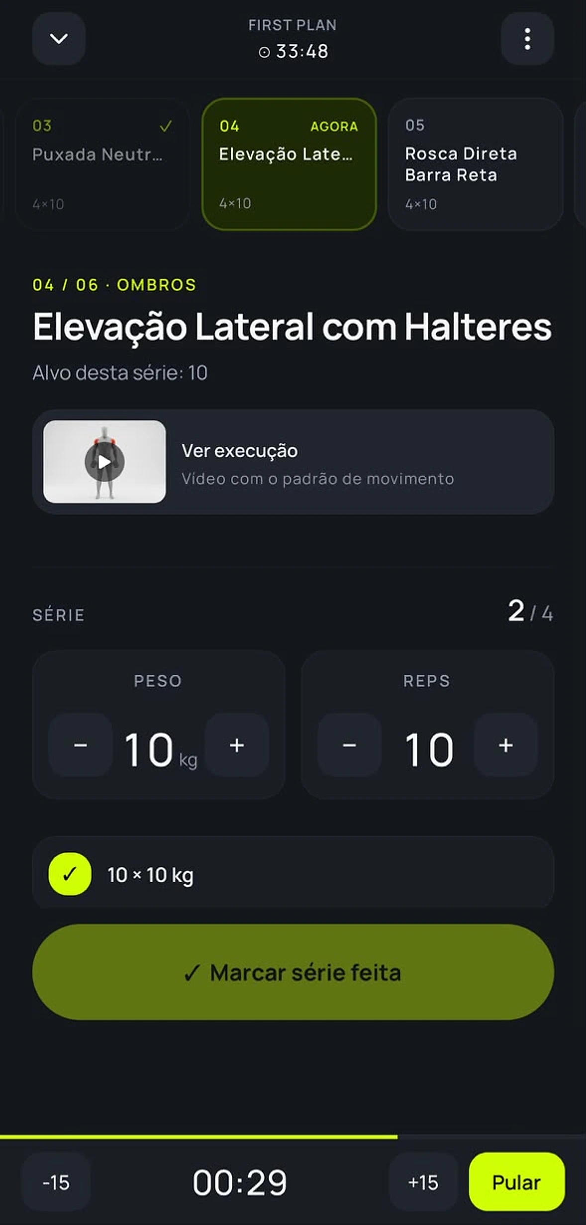Cronômetro de descanso contando entre uma série e outra