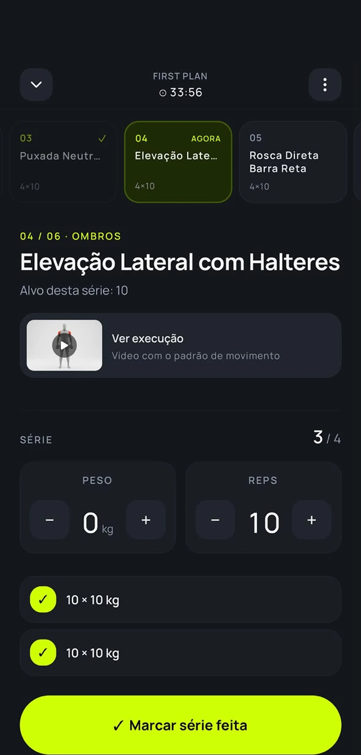 Execução de uma série com peso, repetições e as séries já feitas