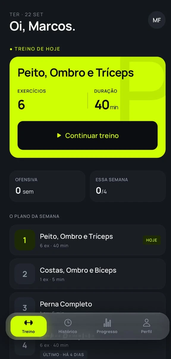Tela inicial do app com o treino do dia e o plano da semana